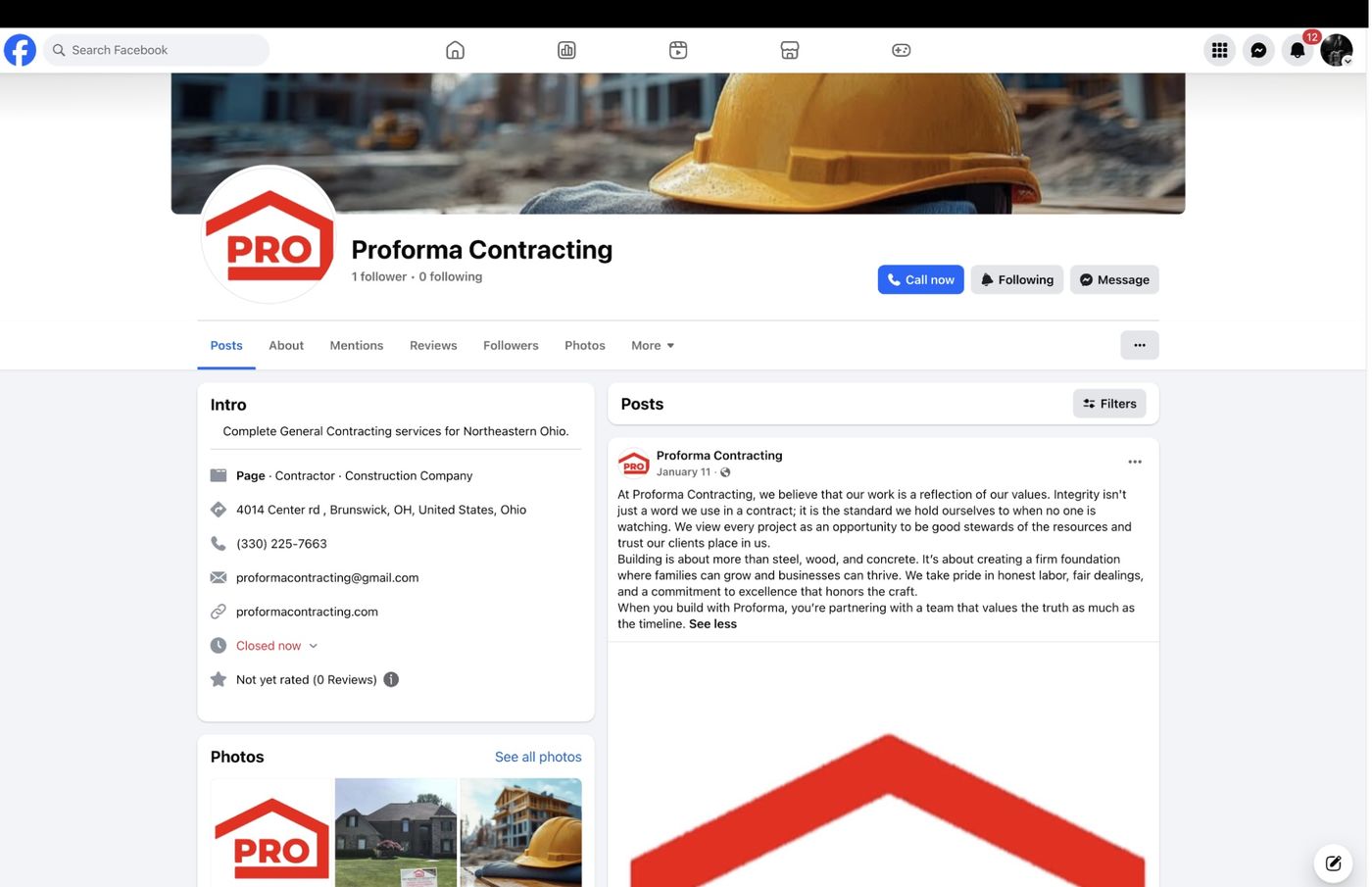 ProForma Contracting before — Facebook-only presence